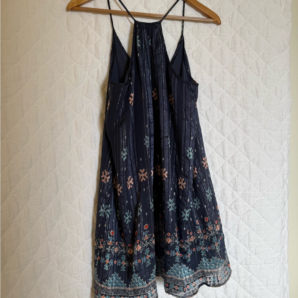 Joie Navy Halter Mini Dress with Teal & Coral Motifs